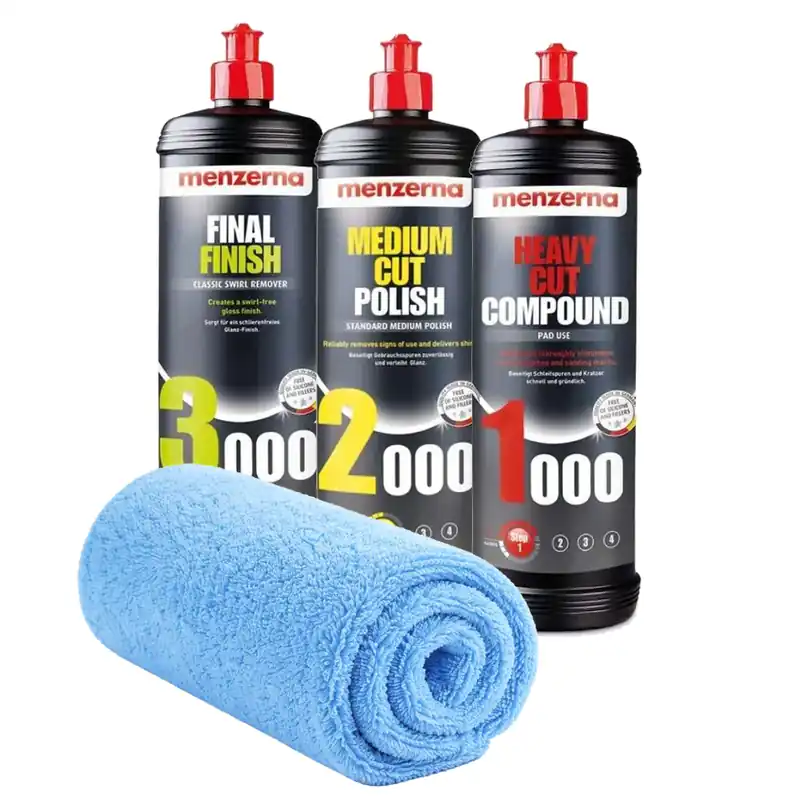 MENZERNA Zestaw Past Polerskich 1000 2000 3000 3x250ml + Ściereczka z Mikrofibry Korekta Lakieru MENZERNA-SET-002 - FMIC Oferta limitowana
