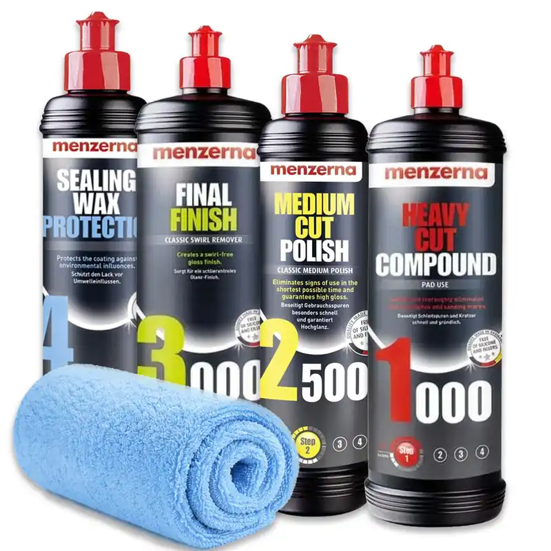 MENZERNA Zestaw Past Polerskich 1000 2500 3000 + Wosk Sealing Wax Protection 4x250ml + Ściereczka z Mikrofibry Kompletna Korekta i Ochrona Lakieru MENZERNA-SET-008 - FMIC Zniżka